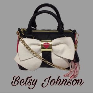 BETSEY JOHNSON Mini Quilted Handbag/Shoulder Bag, Large White Bow, Black/Pink